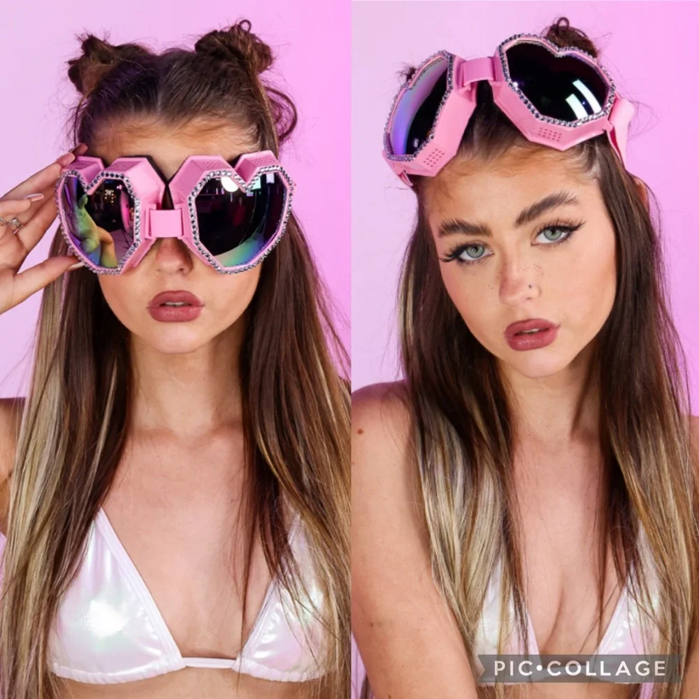 Unisex Heart Shaped Rhinestone Festival Rave Fashion Goggles Glasses